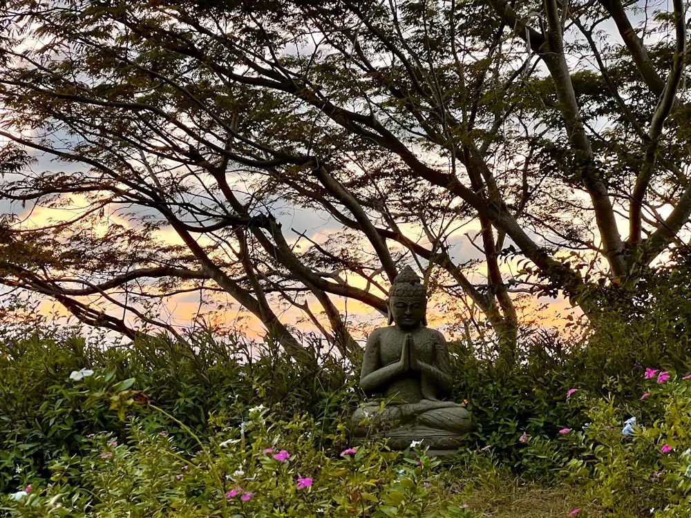 Serene retreat setting at sunset